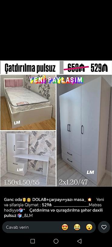Gənc otağı mebel dəsti Komplekt: - Dolab: 3 qapılı, 2 alt çekmece