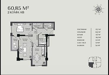 2 комнаты, 60 м², Асанбай мкр 5 этаж, ПСО (под самоотделку)
