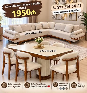Künc divan + masa və 6 stul dəsti – Dəst qiyməti: 1950₼ – Rəng