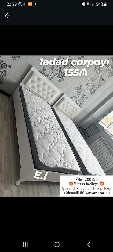 Çarpayılar: - 1 ədəd çarpayı – 155₼ - Ölçü: 200×90 sm - Matras hədiyyə - Şəhər — 1