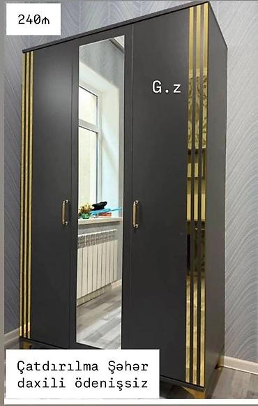 dekor ref: Üç qapılı paltar şkafı - Rəng: tünd boz (antrasit) korpus, qızılı — 1