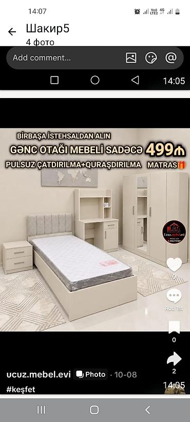 Gənc otağı mebel dəsti Tərkibi: - Tək nəfərlik çarpayı - Matras