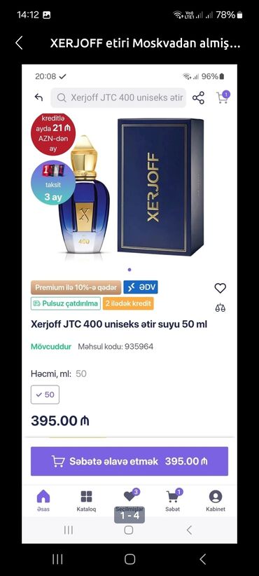 qarin ve bel piylerini eritmek: Xerjoff JTC 400 uniseks ətir suyu, 50 ml həcmində. Zərif şüşə