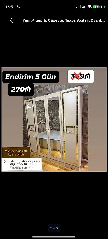 keci sutu: Yeni, 4 qapılı, Güzgülü, Taxta, Açılan, Düz dolab — 1