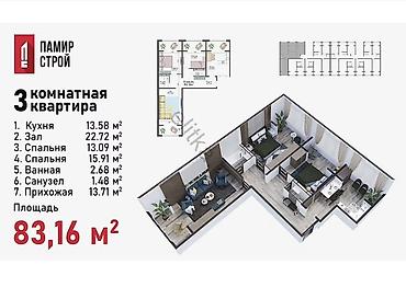3 комнаты, 83 м²