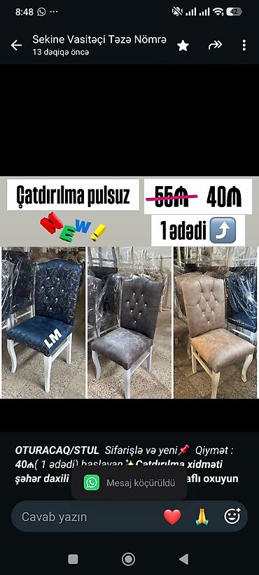 _*OTURACAQ/STUL*_ _Sifarişlə və yeni📌 Qiymət : *40₼*( 1 ədədi) lalafo.az -da _*OTURACAQ/STUL*_ _Sifarişlə və yeni📌 Qiymət : *40₼*( 1 ədədi)