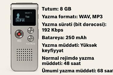 Diktofonlar: Coxfunksiyali rəqəmsal Led ekranli səs yazıcısı.8Gb yaddaşa — 2