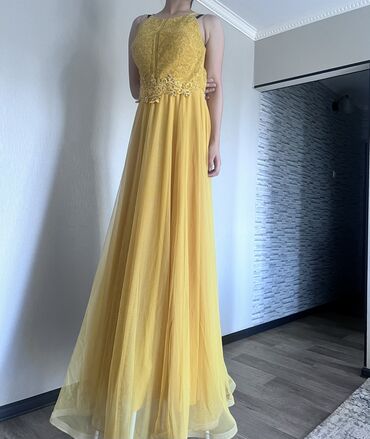 желтое платье: Вечернее платье, Длинная модель, Без рукавов, Камни, XL (EU 42), 3XL (EU 46)