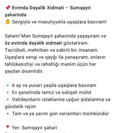 daye az: Sumqayıt şəhərində ev şəraitində dayəlik xidməti təklif olunur. Bu