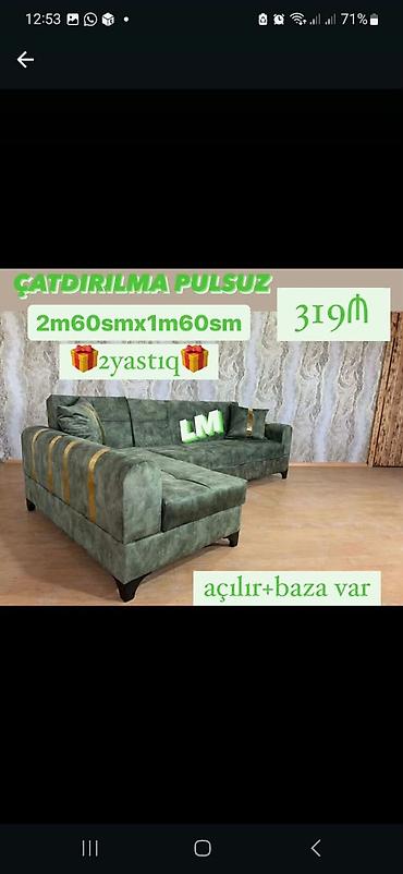 Künc divan — yaşıl rəng, dekorativ qızılı zolaqlar ilə. Ölçü: 2 m 60 lalafo.az -da Künc divan — yaşıl rəng, dekorativ qızılı zolaqlar ilə. Ölçü: 2 m 60