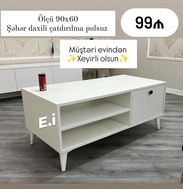 Ev üçün digər mebel: Ağ rəngdə, ölçüsü 90x60 sm olan televizor altlığı. Dolablı hissəsi