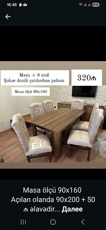 Mebel dəsti: masa + 6 stul Xüsusiyyətlər: - Masa ölçüsü: 90×160 sm - lalafo.az -da Mebel dəsti: masa + 6 stul Xüsusiyyətlər: - Masa ölçüsü: 90×160 sm -