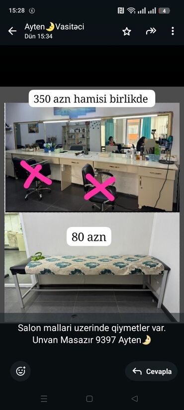 Stullar: Salon mallari uzerinde qiymetler var. Unvan Masazır 9397 Ayten🌛