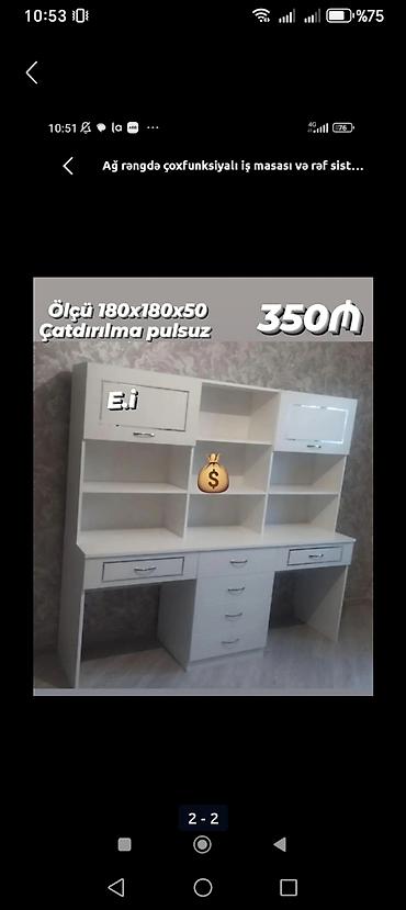 mebel tutacaqlari: Ağ rəngdə çoxfunksiyalı iş masası və rəf sistemi Ölçü: 180×180×50 sm — 1