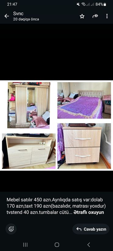 tvstend: Mebel satılır 450 azn.Ayrılıqda satış var:dolab 170 azn,taxt 190