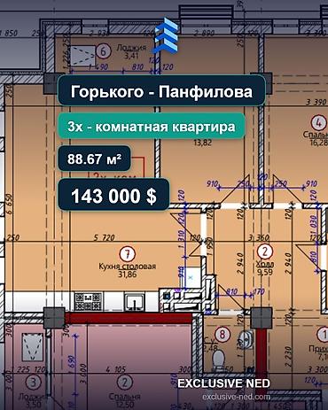 67: 3 комнаты, 88 м², ул. Горького / Панфилова Элитка, 8 этаж, ПСО (под самоотделку) — 1