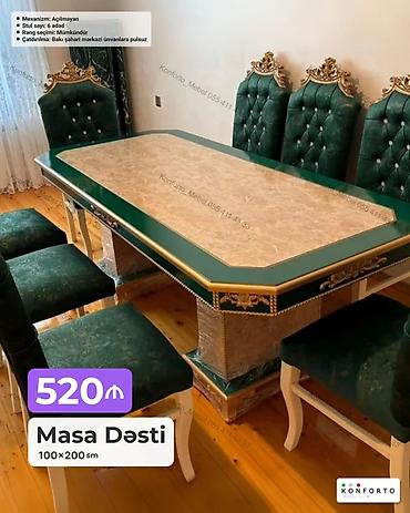 Masa Dəsti – 100×200 sm - Klasik üslubda geniş yemək masası və 6 ədəd