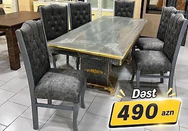 salon oturacagi: Yemək otağı dəsti - Tərkibi: 1 ədəd masa + 6 ədəd stul - Masa — 1