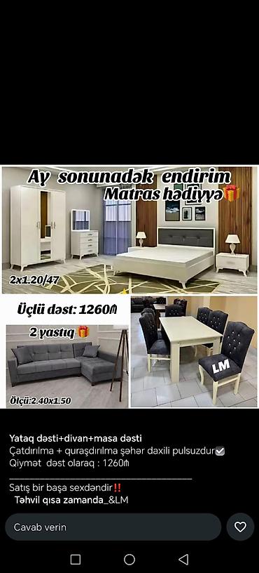 2 el mebiler: Üçlü mebel dəsti Tərkib: - Yataq otağı dəsti: dolab, tumba, güzgülü — 1