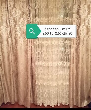 qizil gul qiymeti: Qızılı rəngdə, naxışlı, ikiqat pərdə dəsti. Kətan pərdənin eni 2 metr