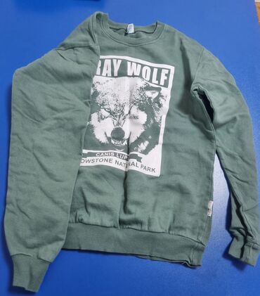 шапочки с надписями: Свитшот с принтом Gray Wolf. 9-10 лет. - Цвет: приглушённый зелёный