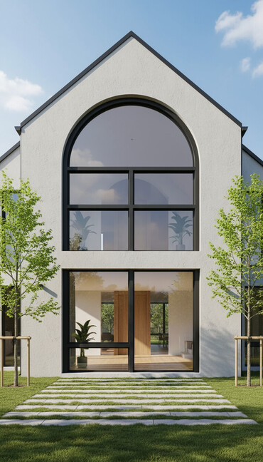 окно алюминий: Металлопластиковая оконная рама арочной формы, выполненная в черном