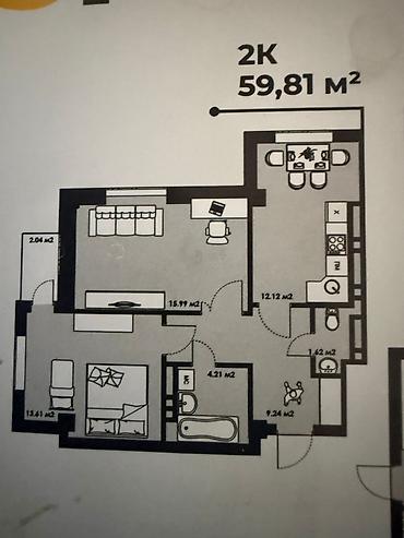 кут тауэр: 2 комнаты, 60 м², Асанбай мкр Элитка, 14 этаж, ПСО (под самоотделку) — 9