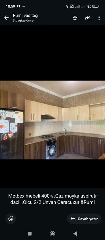 mətbəx mebeli̇: Metbex mebeli 400₼ .Qaz moyka aspiratr daxil .Olcu 2/2.Unvan Qaracuxur