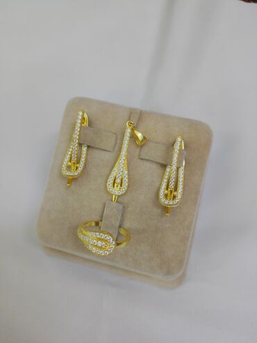 серебряный набор кольцо и серьги: Серебро 925 с напылением жёлтое золото серебряный Комплект дизайн