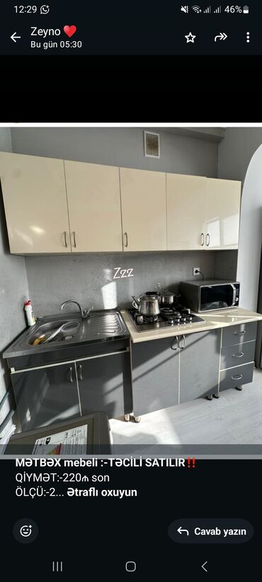metbex aboyu: *MƏTBƏX mebeli :-TƏCİLİ SATILIR*‼️ QİYMƏT:-220₼ son ÖLÇÜ:-2 ÜZƏRİNDƏ