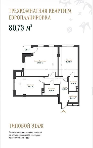 юговосток: 3 комнаты, 80 м², Орто-Сай с. Элитка, 6 этаж, ПСО (под самоотделку) — 2