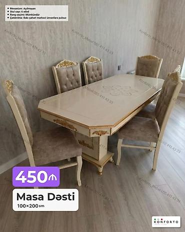 Masa Dəsti – 100×200 sm - Dəst: 1 masa + 6 stul - Mexanizm: Açılmayan