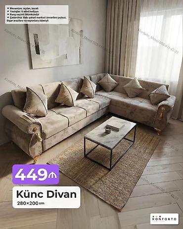 Künc divan – 280×200 sm - Mexanizm: açılan, bazalı (yataq funksiyası