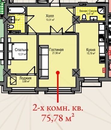 квартира 77 серия: Строится, Элитка, 2 комнаты, 76 м²