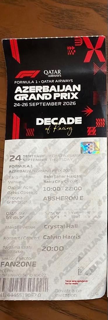 Formula 1 bilet Absheron E konsert daxil. 3500 m almisam 2 bilet