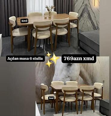 gence ev esyalari: Açılan yemək masası dəsti – 6 stul ilə - Masanın üstü təbii ağac — 1