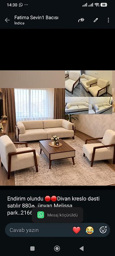 Endirim olundu 🛑🛑Divan kreslo dəsti satılır 880₼. ünvan Melissa