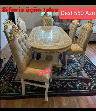 Masa və oturacaq dəstləri: Qonaq otağı üçün, Yeni, Açılmayan, Dördbucaq masa, 6 stul — 24