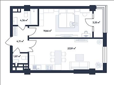 1: 1 комната, 61 м², Орто-Сай с. Элитка, 9 этаж, ПСО (под самоотделку) — 2
