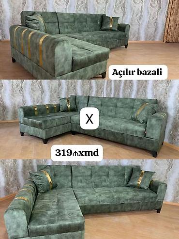 Açılır-bazalı L formalı künc divan - Rəng: zeytun-yaşıl, parça üzlük