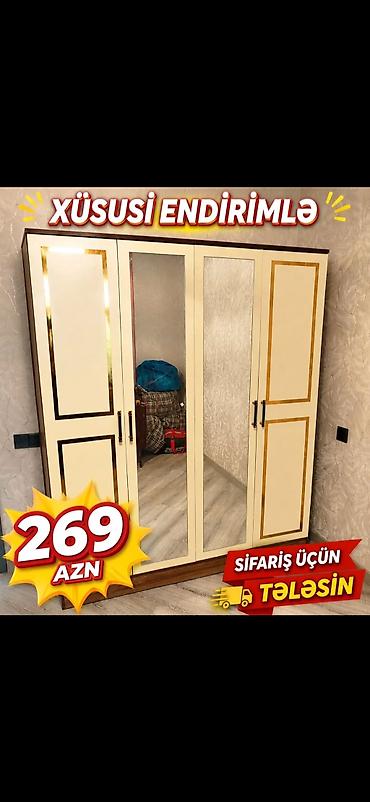 döşəmə taxtası qiyməti: Dördkapılı geyim şkafı - Rəng: krem tonlarında, qızılı haşiyələr - Ön — 1