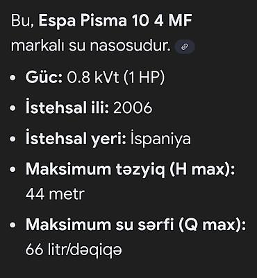 ev tortlari: ESPA PRISMA 10 4 MF su nasosu Texniki göstəricilər: - Güc: 0.8 kVt (1 — 2