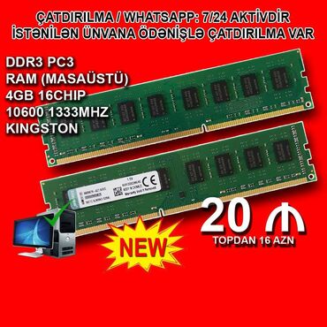 Operativ yaddaş (RAM): Operativ yaddaş (RAM) Kingston, 4 GB, 1333 Mhz, DDR3, PC üçün, Yeni