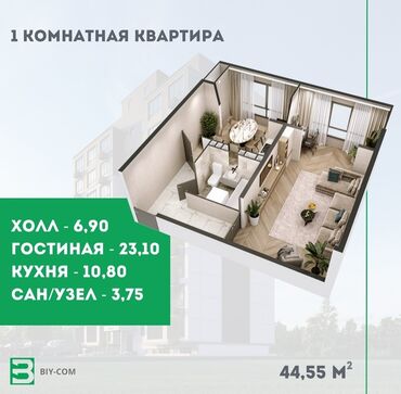 квартира в ипотеку в бишкеке: 1 комната, 45 м², 106 серия улучшенная, 7 этаж, ПСО (под самоотделку)