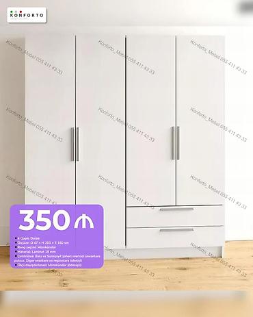 Ağ rəngli 4 qapılı dolab - Ölçü: D 47 × H 200 × E 160 sm - Material