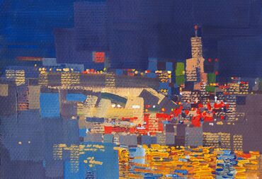 картины на холсте: Картина темперой на холсте "Вечерний город", 30х20. Вид на вечерний