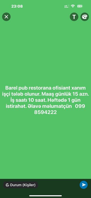 iş elanları 2023 bakı tap az: Ofisiant tələb olunur, Restoran, Gündəlik ödəniş, 18-29 yaş, 1 ildən az təcrübə