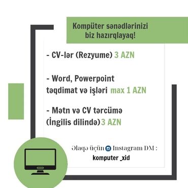 roll qiymetleri: Sərbəst işlər, CV, təqdimatlar və məqalələr ən münasib qiymətlərlə!" 🔥