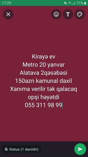 kiraye evler alatava: 1 kv. m, 1 otaqlı