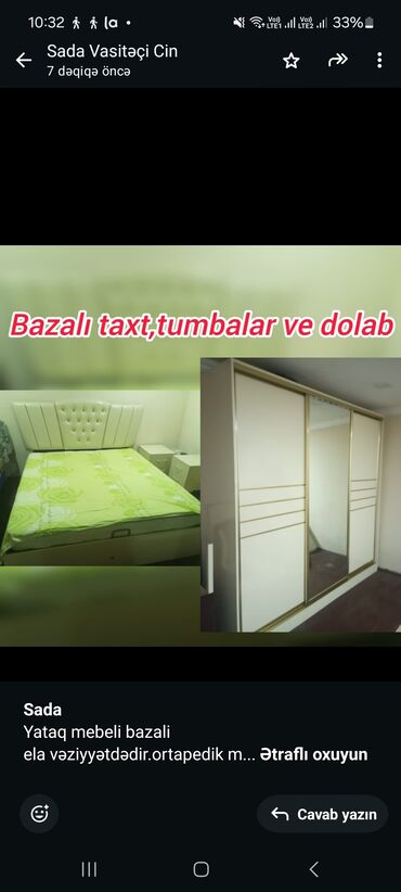 Soyuducu vitrinləri: 2 təknəfərlik çarpayı, Dolab, 2 tumba, Tumba, İşlənmiş